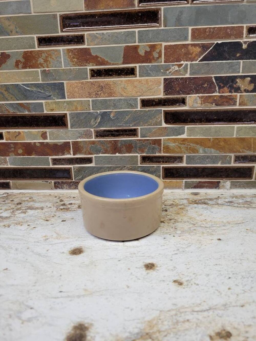 Vintage Stoneware Butter Crock Tan Brown Pottery Bowl Blue Interior Farmhouse 4"